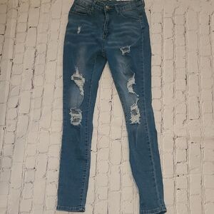 SHEIN Blue Skinny Distressed Denim